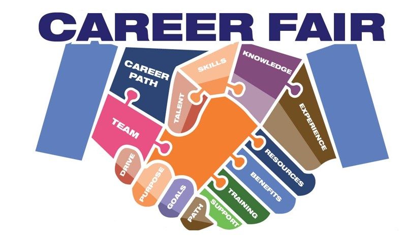 Colorful handshake with puzzle pieces and the words "Career Fair" above.