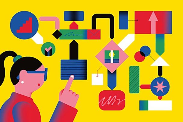 A person with glasses points at colorful abstract shapes and flowchart designs on a yellow background.